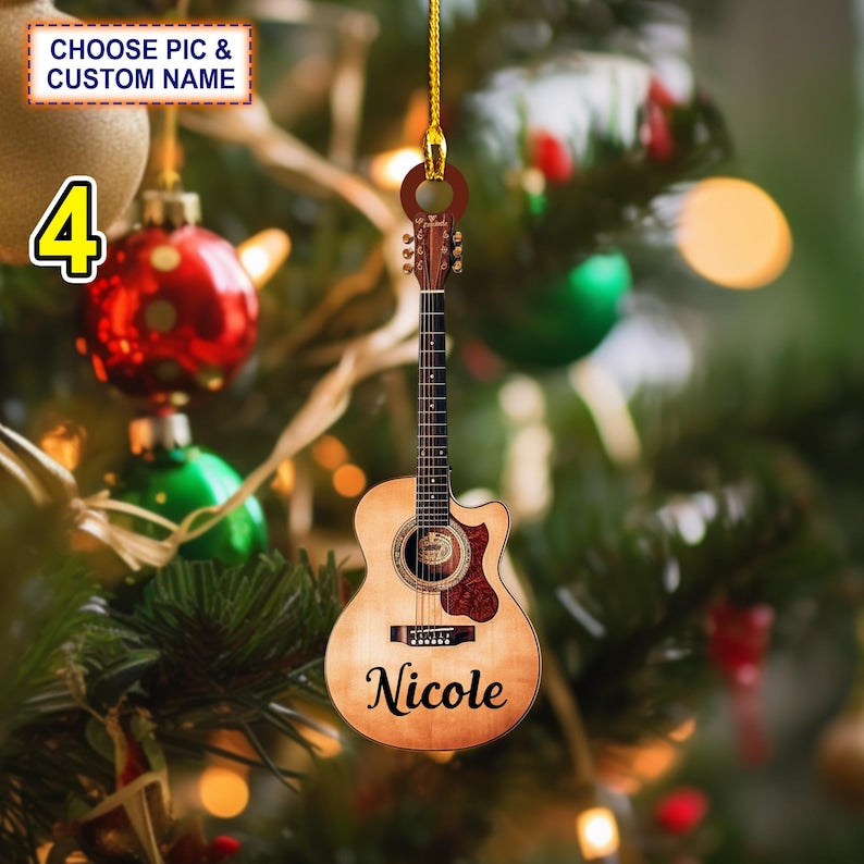 Custom Name Classic Guitar Christmas Ornament, Christmas Tree Hanging Decor, Flat 2D Ornament Acrylic/ Wooden, Guitar Lover Gift