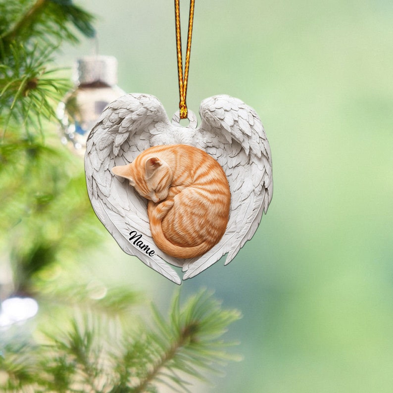Personalized Orange Cat Sleeping Angel Wings Ornament, Orange Cat Christmas Ornament Gift, Car Ornament, Gift For Pet Lovers