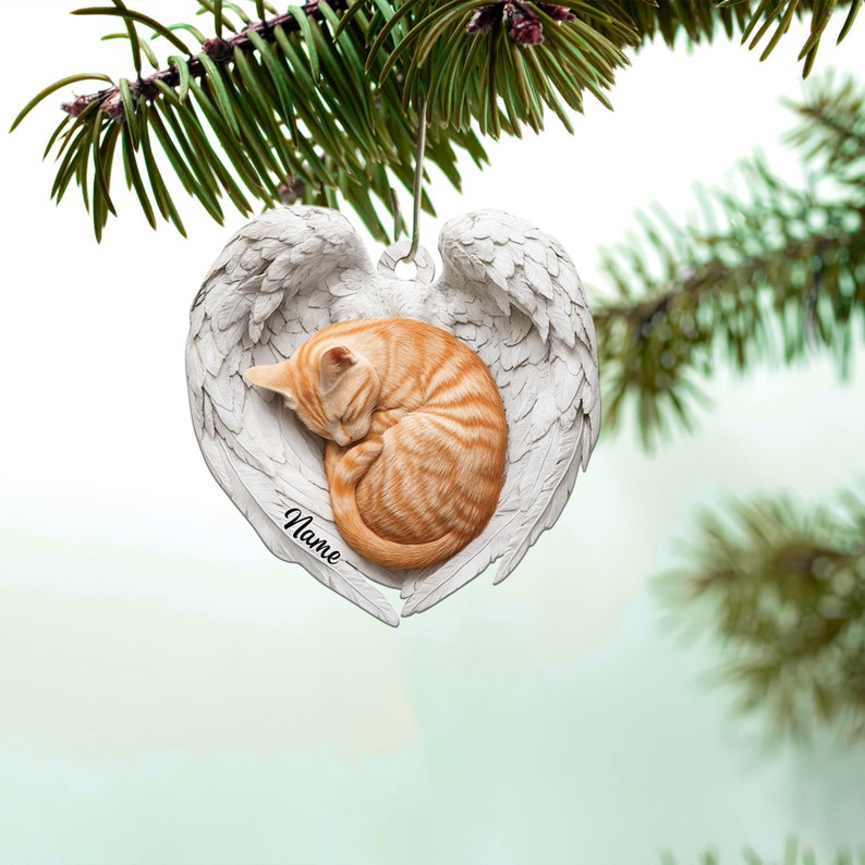 Personalized Orange Cat Sleeping Angel Wings Ornament, Orange Cat Christmas Ornament Gift, Car Ornament, Gift For Pet Lovers