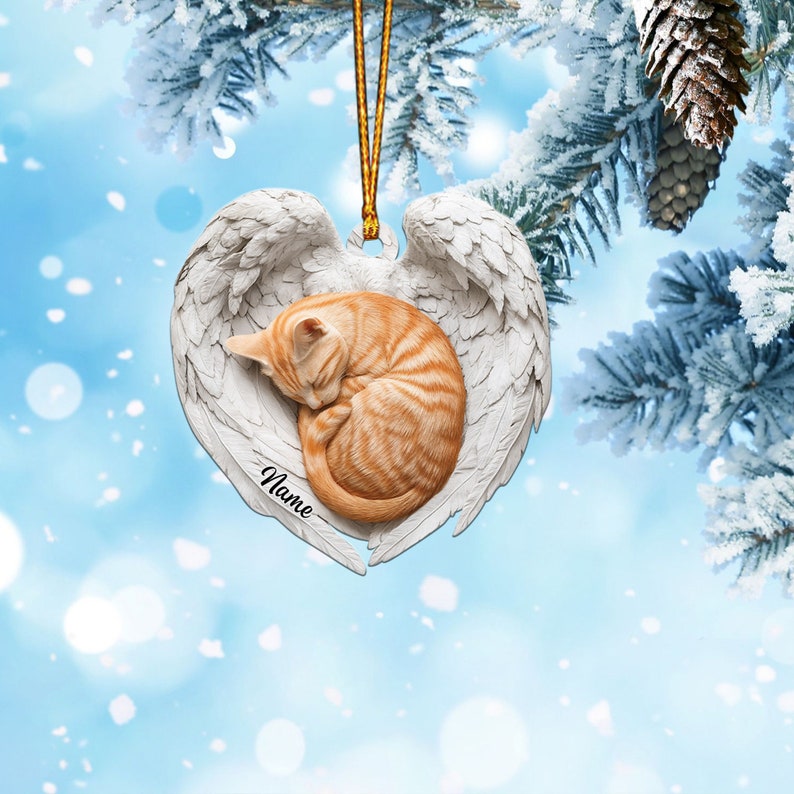 Personalized Orange Cat Sleeping Angel Wings Ornament, Orange Cat Christmas Ornament Gift, Car Ornament, Gift For Pet Lovers