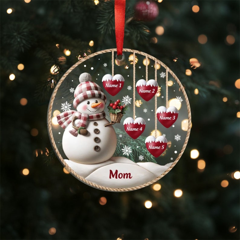 Personalized 1-8 Family Names Christmas Ornament, Acrylic Snowman Grandkid Ornament, Christmas Holiday Gift for Grandma/Mom, Xmas Tree Decor