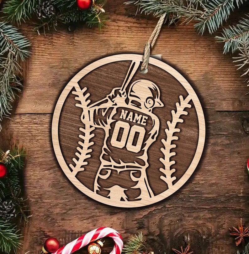 Personalized Baseball Wood Christmas Ornament, Custom Name Number Baseball Player, Baseball Keepsake, Baseball Lovers Gift