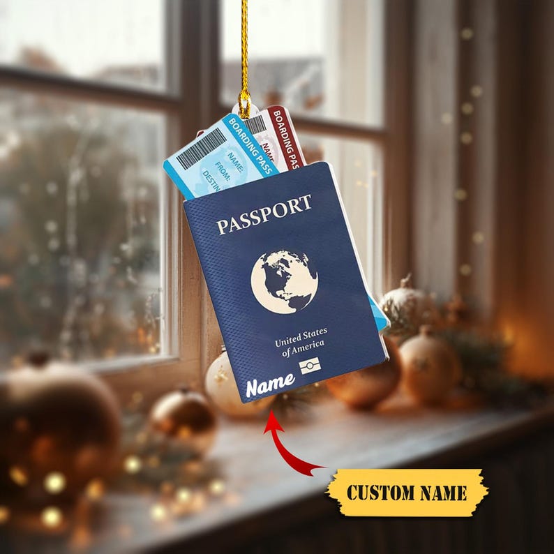 Passport Travel Christmas Ornament 2D Acrylic Honeymoon Vacation USA Passport Ornament, Custom Travel Keepsake Christmas Decoration