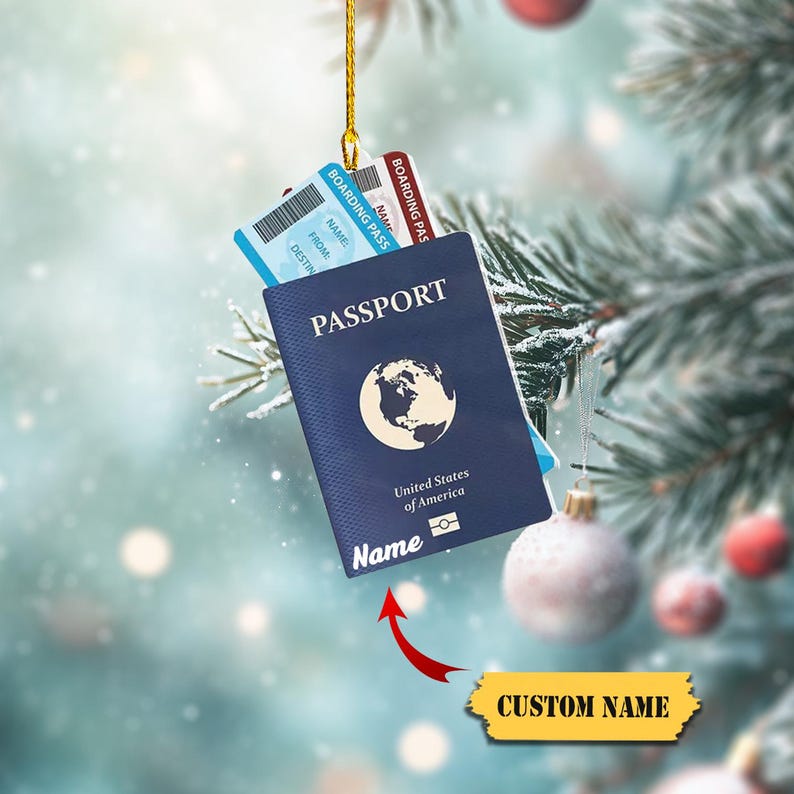Passport Travel Christmas Ornament 2D Acrylic Honeymoon Vacation USA Passport Ornament, Custom Travel Keepsake Christmas Decoration