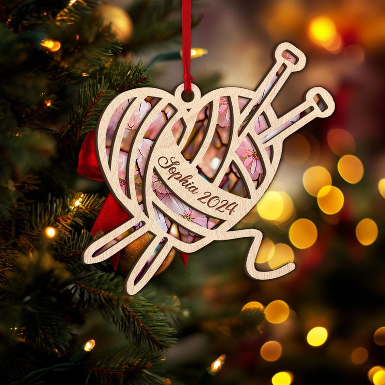 Personalized Crochet Layered Wood Ornament, Custom Crochet Christmas Tree Ornament, Knitting Ornament, Crochet Lover Gift for Mom, Grandma