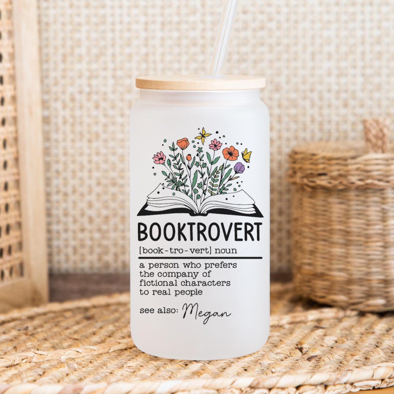Personalized Booktrovert Glass Tumbler, Custom Book Lover Gift for Readers, Gifts for Bookworms