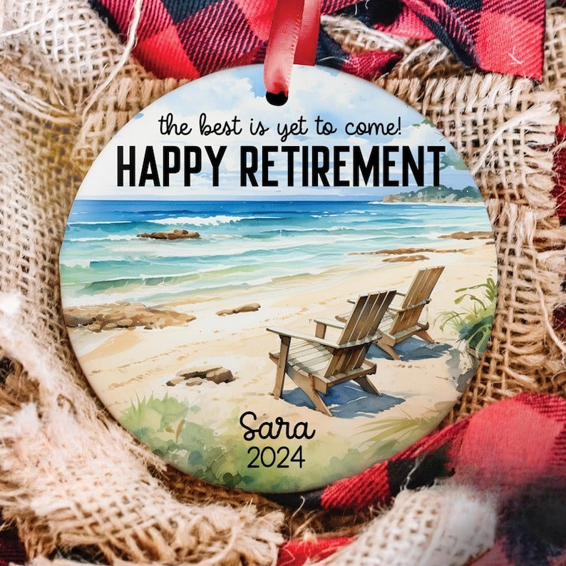 Happy Retirement Ornament Coastal Beach Scene Round Keepsake Gift for Retirees Retirement Party Decoration Inspirational Quote Art