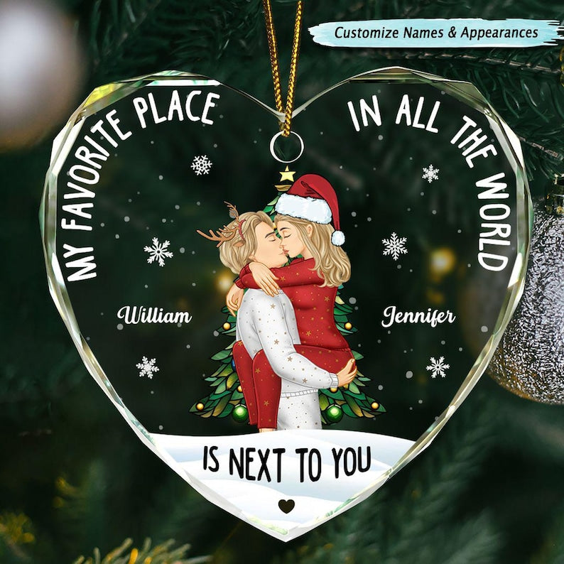 Couple Sideview My Favorite Place In The World Custom Glass Ornament Heart Shaped, Christmas Gift For Husband Wife Boyfriend Girlfriend