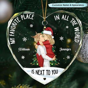 Couple Sideview My Favorite Place In The World Custom Glass Ornament Heart Shaped, Christmas Gift For Husband Wife Boyfriend Girlfriend