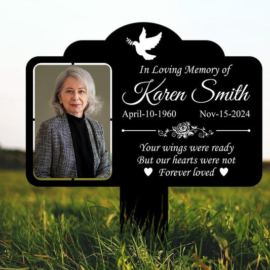 Custom Photo Grave Marker: Temporary Outdoor Memorial Plaque. Thoughtful sympathy gift, perfect for honoring and remembering loved ones.