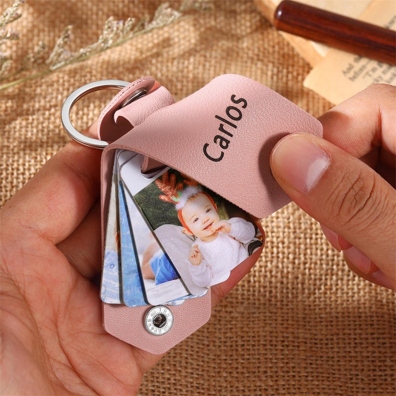 Personalised Multi-Photo Leather Keychain,Custom 1-4 Photos Keyring,Picture Keychain, Anniversary gift for Him,Father's Day Gifts for Dad