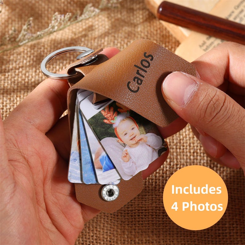 Personalised Multi-Photo Leather Keychain,Custom 1-4 Photos Keyring,Picture Keychain, Anniversary gift for Him,Father's Day Gifts for Dad