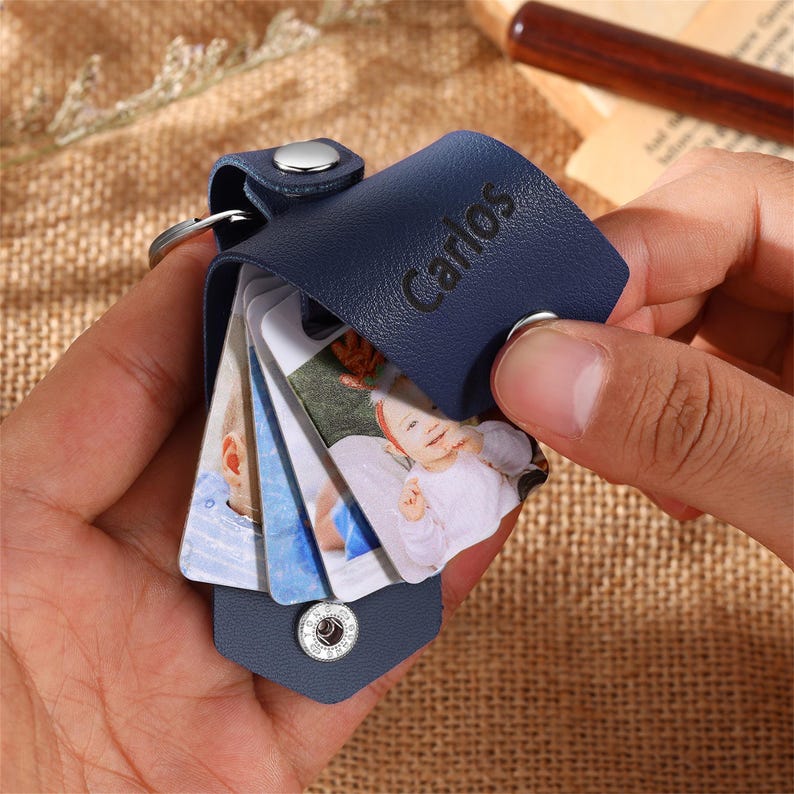 Personalised Multi-Photo Leather Keychain,Custom 1-4 Photos Keyring,Picture Keychain, Anniversary gift for Him,Father's Day Gifts for Dad