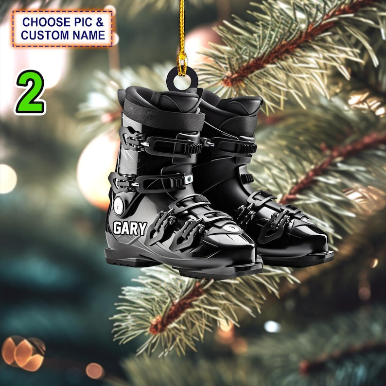 Custom Name Ski Boots Christmas Ornament, Christmas Tree Hanging Decor, Flat 2D Ornament Acrylic/ Wooden, Xmas Ski Gift For Skiing Lover