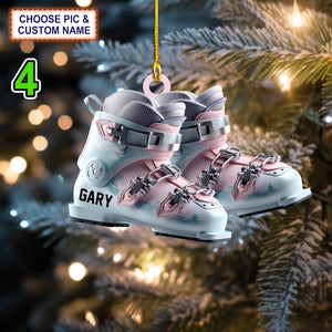 Custom Name Ski Boots Christmas Ornament, Christmas Tree Hanging Decor, Flat 2D Ornament Acrylic/ Wooden, Xmas Ski Gift For Skiing Lover