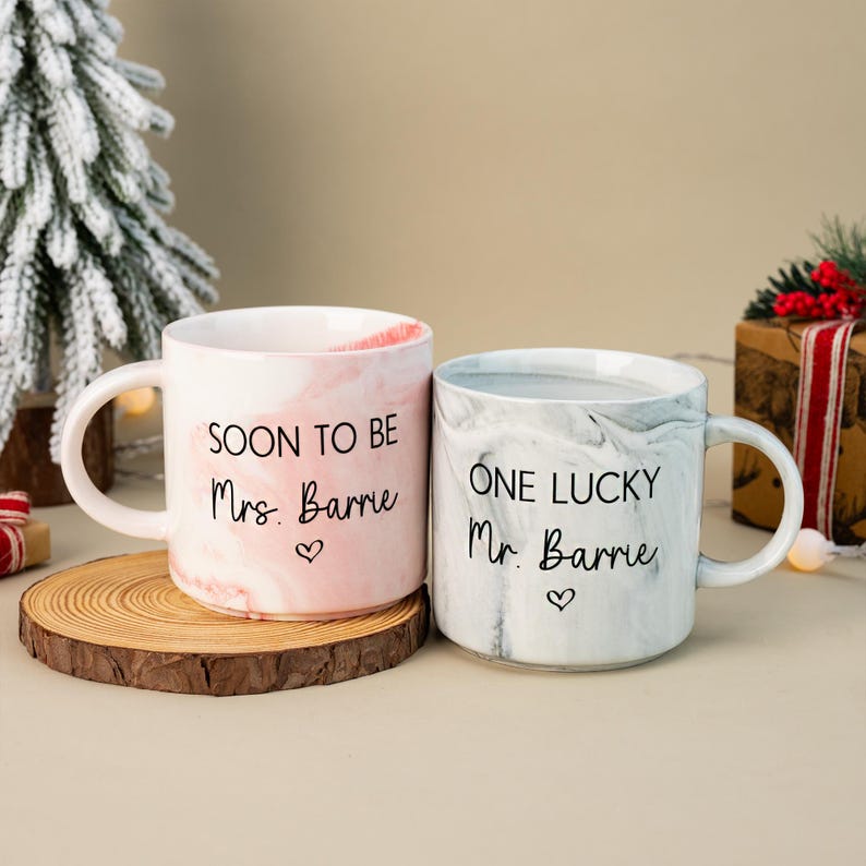 Personalised Engagement Gift, His & Hers Printed Mugs, Soon to be Mrs, One Lucky Mr, Marble Mugs, Bride To Be Mug