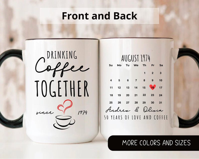50th Anniversary Gift for Parents, Drinking Coffee Together Since 1974 Couple Name Mug, Custom Couple Coffee Mug,Unique Wedding Gift