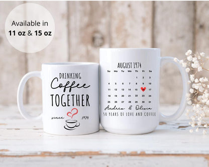 50th Anniversary Gift for Parents, Drinking Coffee Together Since 1974 Couple Name Mug, Custom Couple Coffee Mug,Unique Wedding Gift