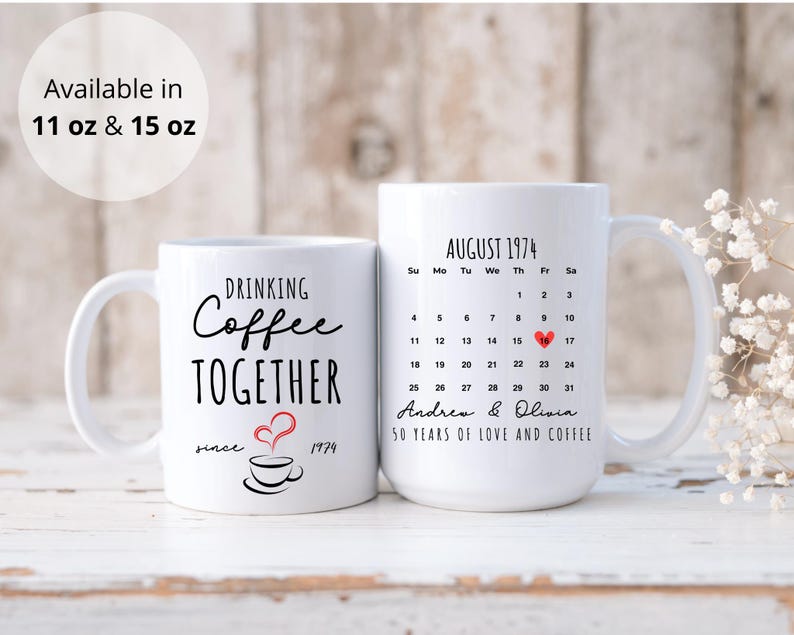 50th Anniversary Gift for Parents, Drinking Coffee Together Since 1974 Couple Name Mug, Custom Couple Coffee Mug,Unique Wedding Gift