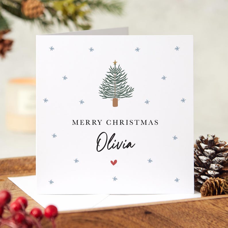 Personalised Merry Christmas card with name Xmas gift card Xmas tree greeting card for her him friend boyfriend girlfriend colleague boss