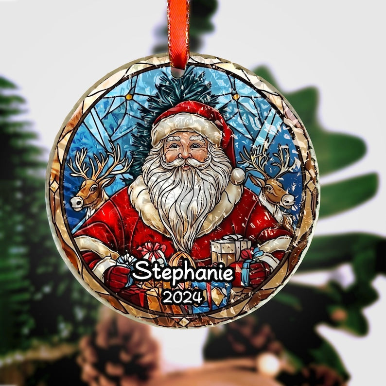 Personalized Santa Claus Stained Glass Ornament,Christmas Handcraft Holiday Ornament with name,Premium Water Ripple Glass,Christmas GIFT