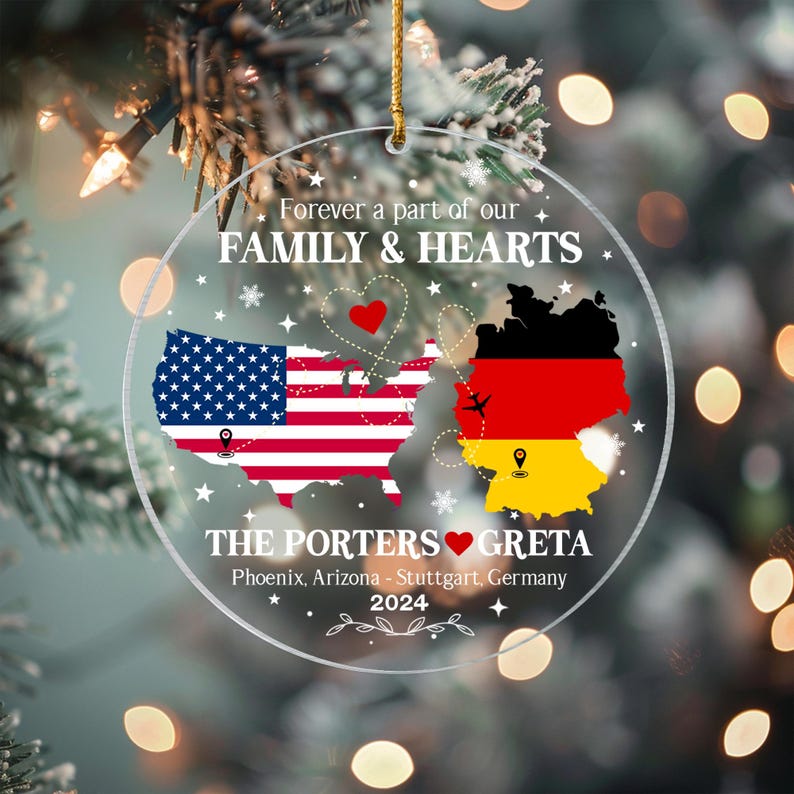 Personalized Long Distance Ornament, Exchange Student Keepsake, Gift For Foreign Exchange Students, Two Countries Ornament, Moving Away Gift