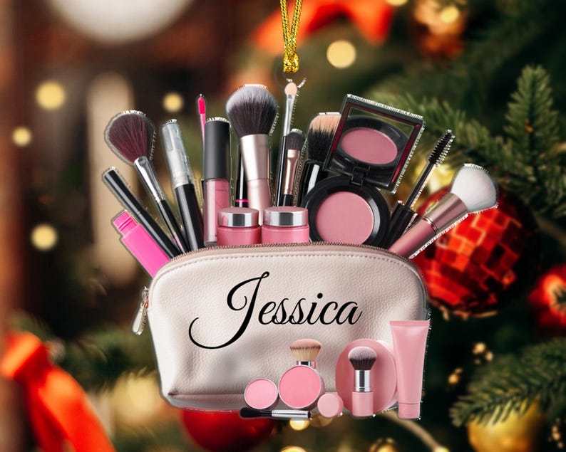 2D Flat Style Custom Name Makeup Ornament, 2024 Christmas Ornament Keepsake, Teen Girl Christmas, Gift for Makeup Artist, MUA Xmas Gift