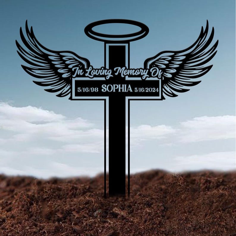 Personalized Angel Wings Metal Cross Memorial Stake, In Memory Cross, Grave Marker, Custom Cross Stake, Sympathy Gift, Remembrance Stake