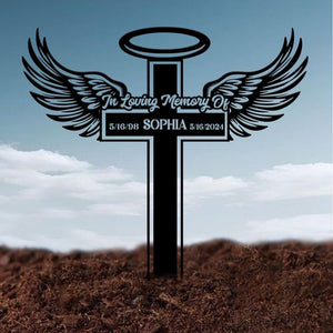 Personalized Angel Wings Metal Cross Memorial Stake, In Memory Cross, Grave Marker, Custom Cross Stake, Sympathy Gift, Remembrance Stake