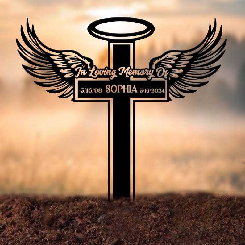 Personalized Angel Wings Metal Cross Memorial Stake, In Memory Cross, Grave Marker, Custom Cross Stake, Sympathy Gift, Remembrance Stake