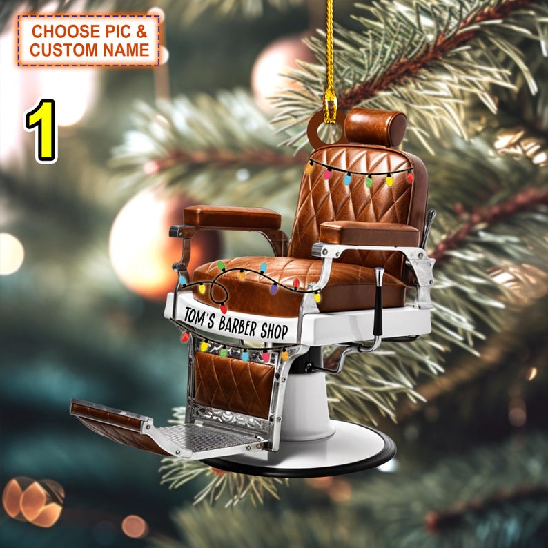 Custom Name Barber Chair Christmas Ornament, Christmas Tree Hanging Decor, Flat 2D Ornament Acrylic/ Wooden Gift For Baber Shop Owner