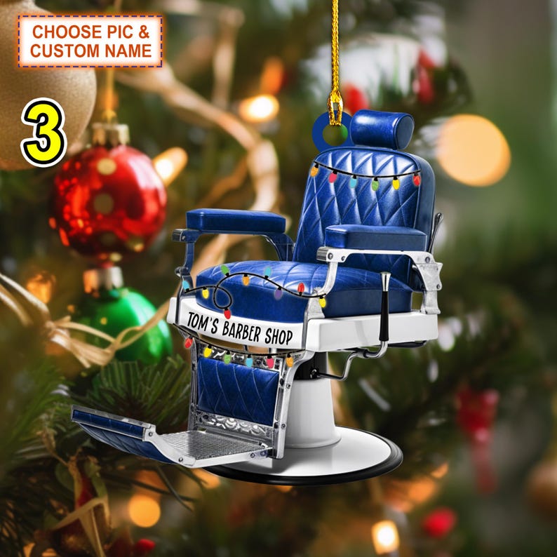 Custom Name Barber Chair Christmas Ornament, Christmas Tree Hanging Decor, Flat 2D Ornament Acrylic/ Wooden Gift For Baber Shop Owner