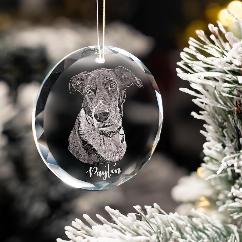 Personalized Pet Glass Ornament Engraved - Etched Your Dog Photo on Crystal Ornament
