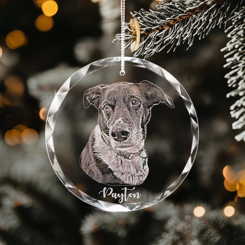 Personalized Pet Glass Ornament Engraved - Etched Your Dog Photo on Crystal Ornament