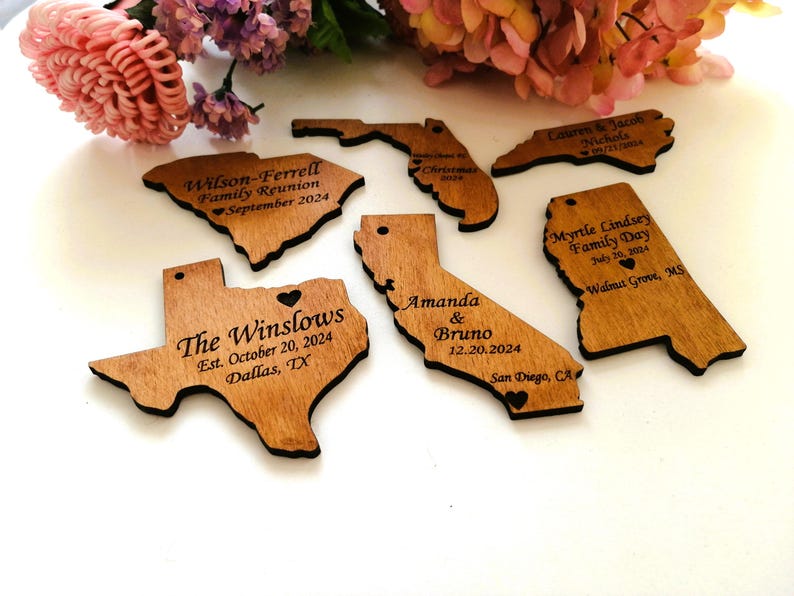 Wooden State Ornament, State Christmas Decor, Personalized State Magnet for Family Reunion, Map State Wedding Favor, Custom State Ornaments