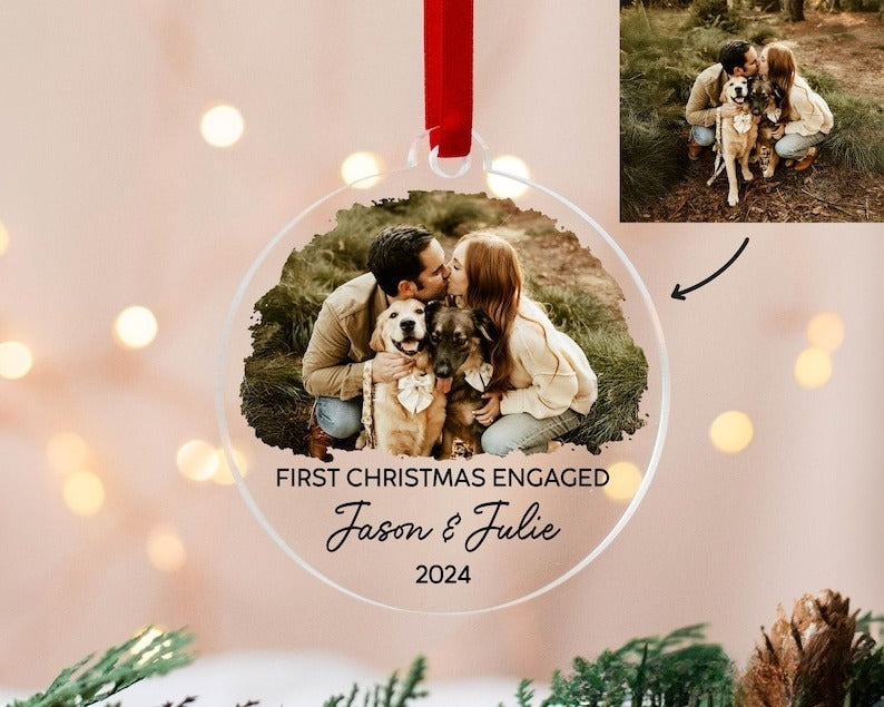Personalized Our First Christmas Engaged Ornament, Custom Photo Ornament, Christmas Gift for Couple, Engagement Gifts, Christmas Ornaments