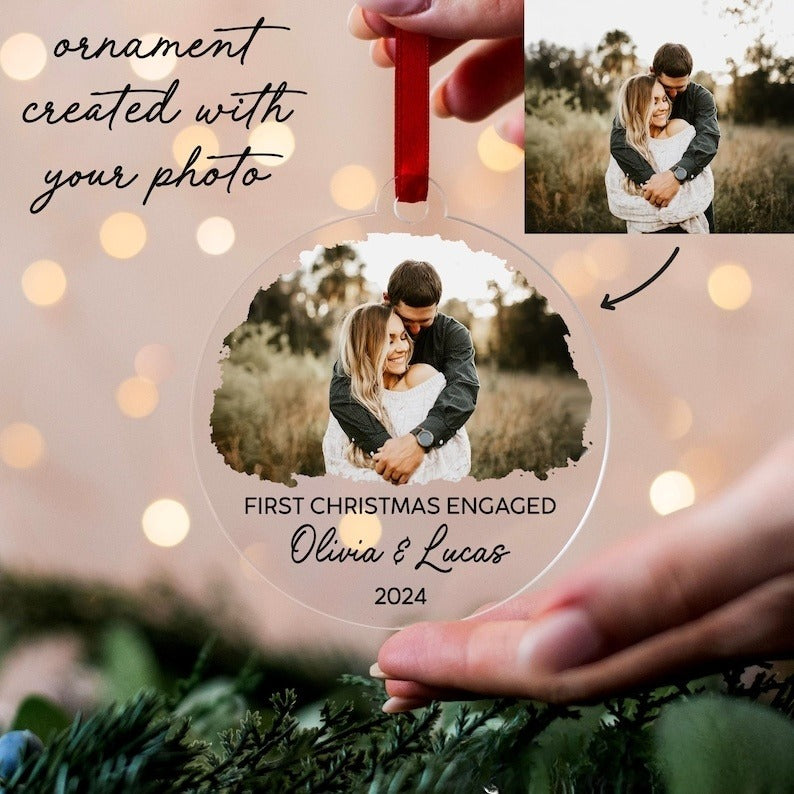 Personalized Our First Christmas Engaged Ornament, Custom Photo Ornament, Christmas Gift for Couple, Engagement Gifts, Christmas Ornaments