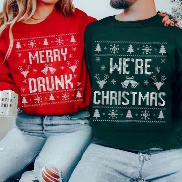 Ugly Christmas Sweater Couple, Funny Ugly Matching Christmas Sweater, Merry Drunk Were Christmas, Couples Christmas Sweater, Ugly Xmas Party il_794xN.6362097591_8tej_1.jpg