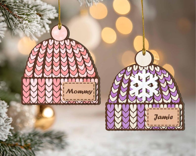 Personalized Winter Beanie Hat Custom 2 Layer Wooden Christmas Ornament, Christmas Winter Mitten, Stocking, Sweater, Baby Christmas Ornament