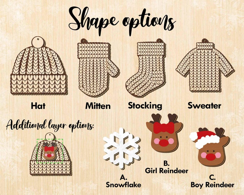 Personalized Winter Beanie Hat Custom 2 Layer Wooden Christmas Ornament, Christmas Winter Mitten, Stocking, Sweater, Baby Christmas Ornament