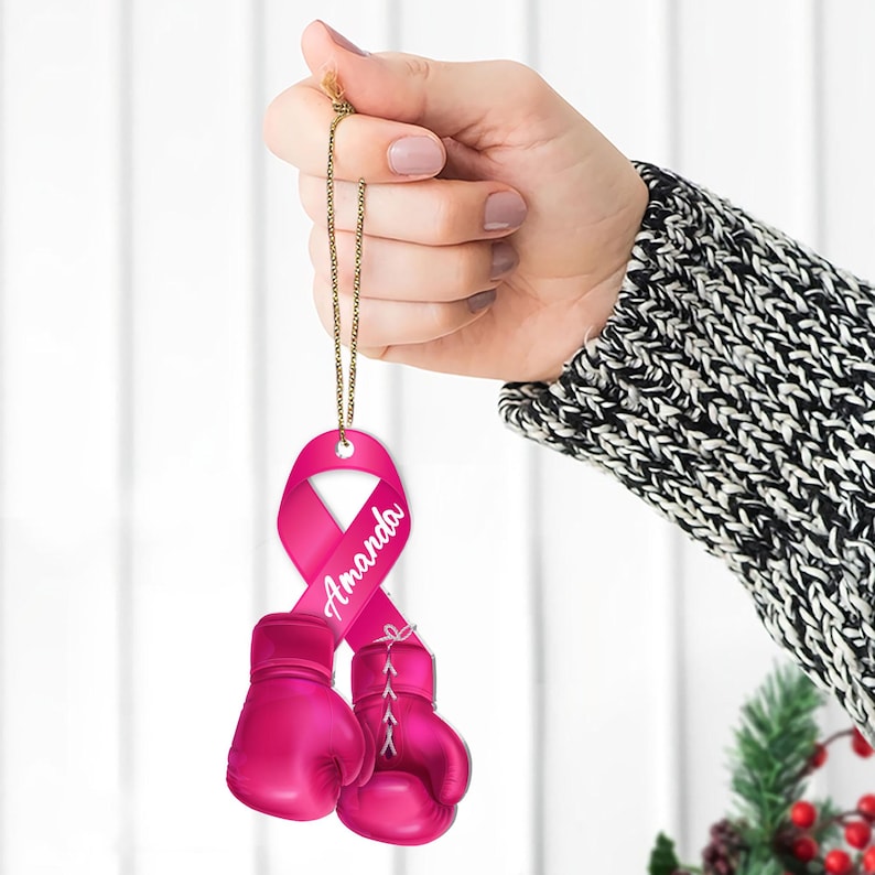 Personalized Breast Cancer Ornament Awareness Gifts, Pink Boxing Gloves Ribbon, Custom Breast Cancer Ornament, Cancer Ribbon Ornament
