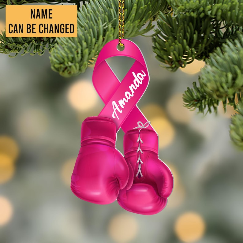 Personalized Breast Cancer Ornament Awareness Gifts, Pink Boxing Gloves Ribbon, Custom Breast Cancer Ornament, Cancer Ribbon Ornament