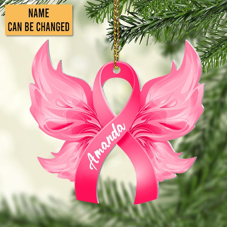 Personalized Breast Cancer Ornament Awareness Gifts, Pink Boxing Gloves Ribbon, Custom Breast Cancer Ornament, Cancer Ribbon Ornament