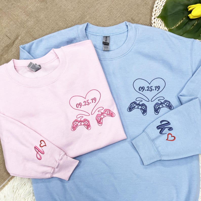 Embroidered Game Controller Shirt, Custom Embroidered Name Date Couple Sweatshirt, Personalized Anniversary Gift, Valentines Gift For Her