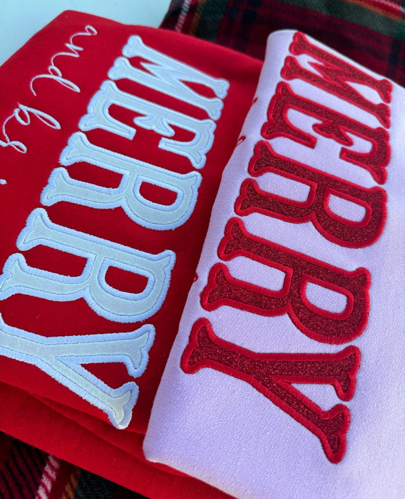 Merry and Bright Embroidered Bow Sweatshirt / Side Bow Applique Sweatshirt / Christmas Bow Sweatshirt / Glitter Christmas Sweatshirt