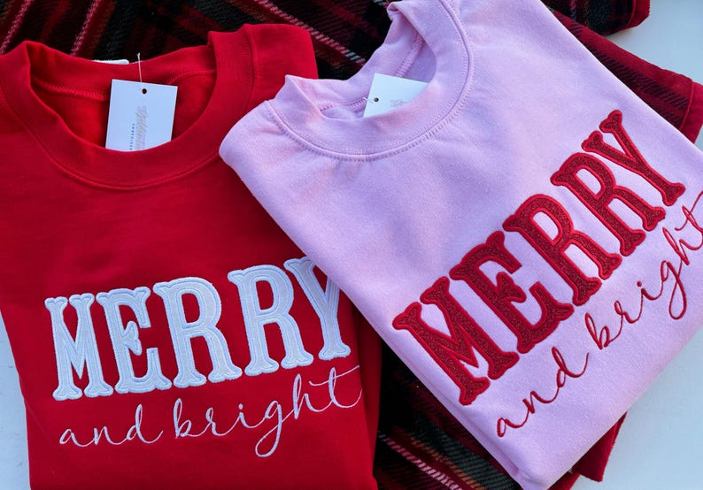 Merry and Bright Embroidered Bow Sweatshirt / Side Bow Applique Sweatshirt / Christmas Bow Sweatshirt / Glitter Christmas Sweatshirt