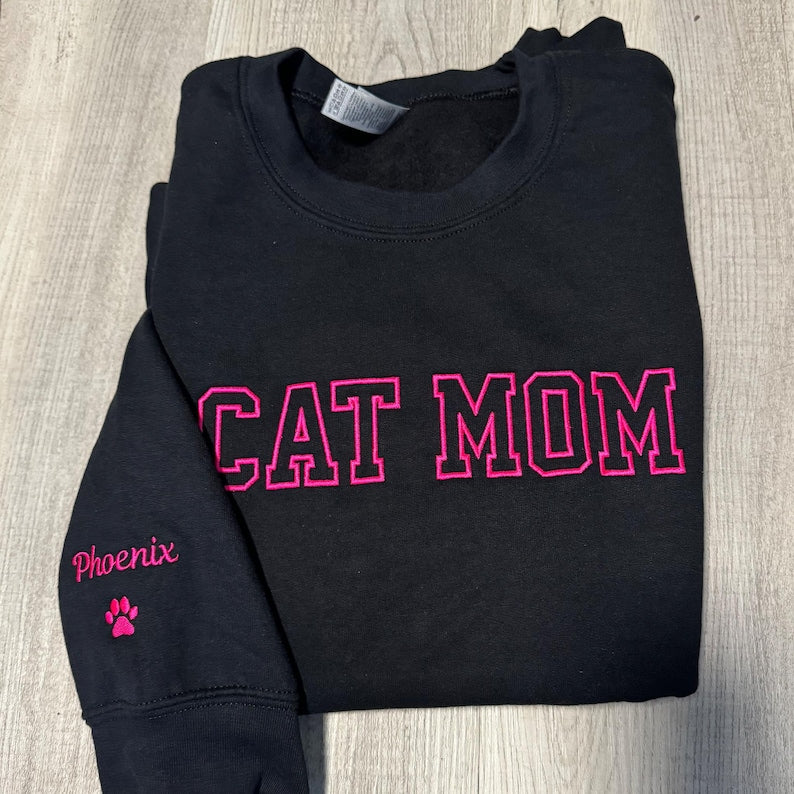 Custom Embroidered Cat Mom crewneck sweatshirt Gift for Mom Cat Mom Pullover cat mom gift names on sleeve cat mama sweatshirt cat lover