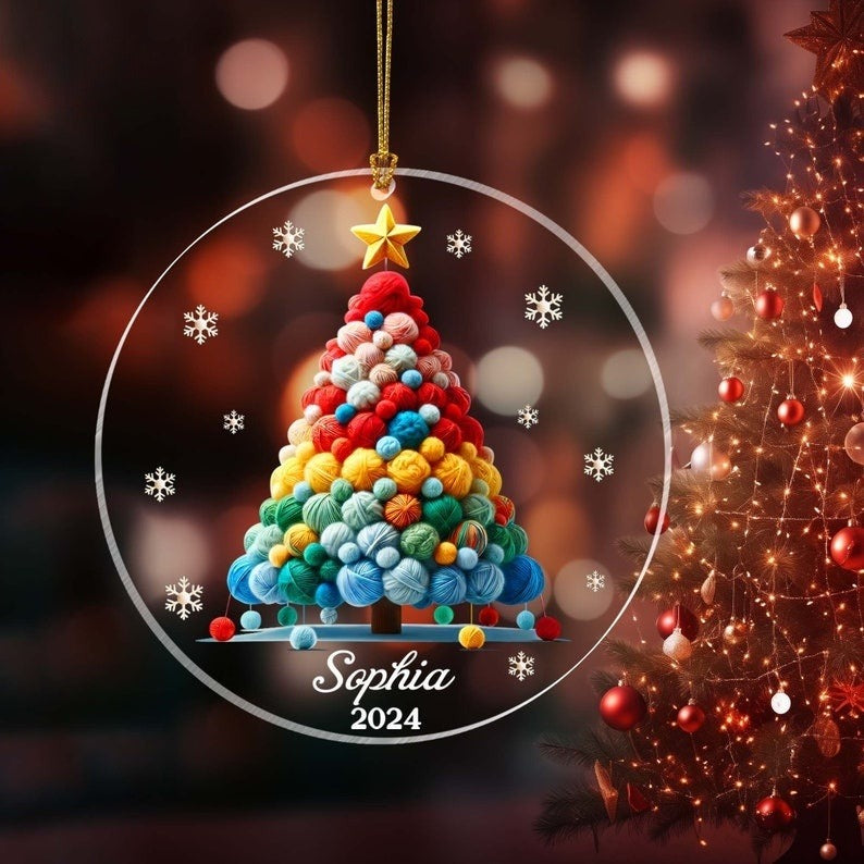 Personalized Knitting Christmas Ornament, Crochet Ornament, Yarn Ornament, Knitting Yarn Ball, Knitter Gift, Knitting Wool Christmas Tree