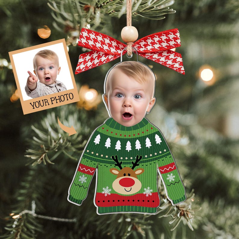 Custom Photo Funny Kid In Christmas Ugly Sweater, Personalized Kid's Face Christmas Ornament, Personalized Acrylic Ornament