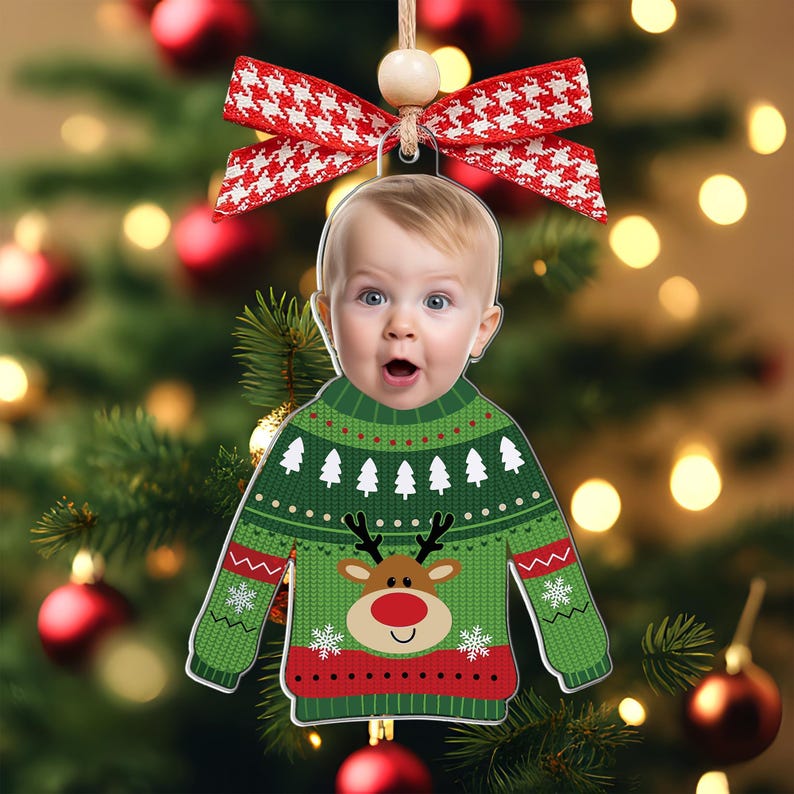 Custom Photo Funny Kid In Christmas Ugly Sweater, Personalized Kid's Face Christmas Ornament, Personalized Acrylic Ornament